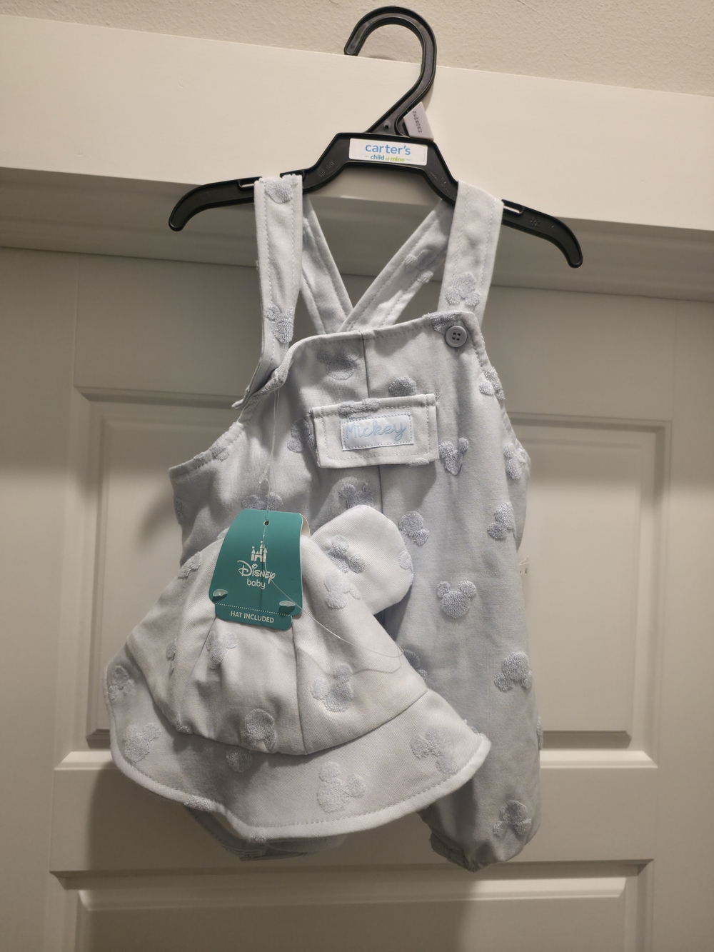 Disney Light Blue Mickey Embroidered Overall Set with Matching Bucket Hat